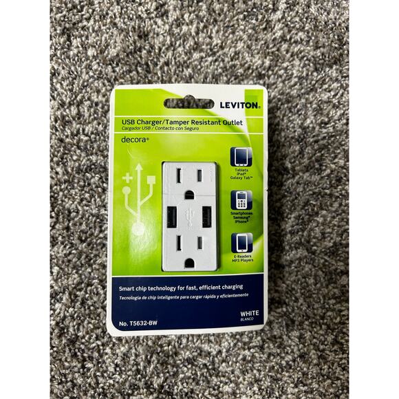 Leviton USB In Wall Charger Outlet T5632-BW - Picture 1 of 3